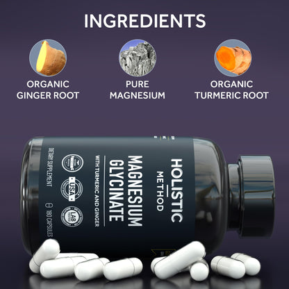 Magnesium Glycinate Capsules with Organic Turmeric and Ginger - 180 Vegan Capsules for Sleep, Relaxation, Muscle Cramps and Immune Support - dailyvitalstore