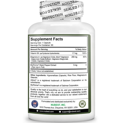 Magnesium Glycinate Chelate Complex with Albion Magnesium Bisglycinate Chelate, Vitamin B6 & BioPerine for Bone, Muscle, Natural Sleep, Nerve Function, Brain Booster | 3 Months Supply - dailyvitalstore