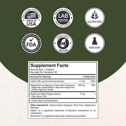 Magnesium Glycinate Chelate Complex with Albion Magnesium Bisglycinate Chelate, Vitamin B6 & BioPerine for Bone, Muscle, Natural Sleep, Nerve Function, Brain Booster | 3 Months Supply - dailyvitalstore