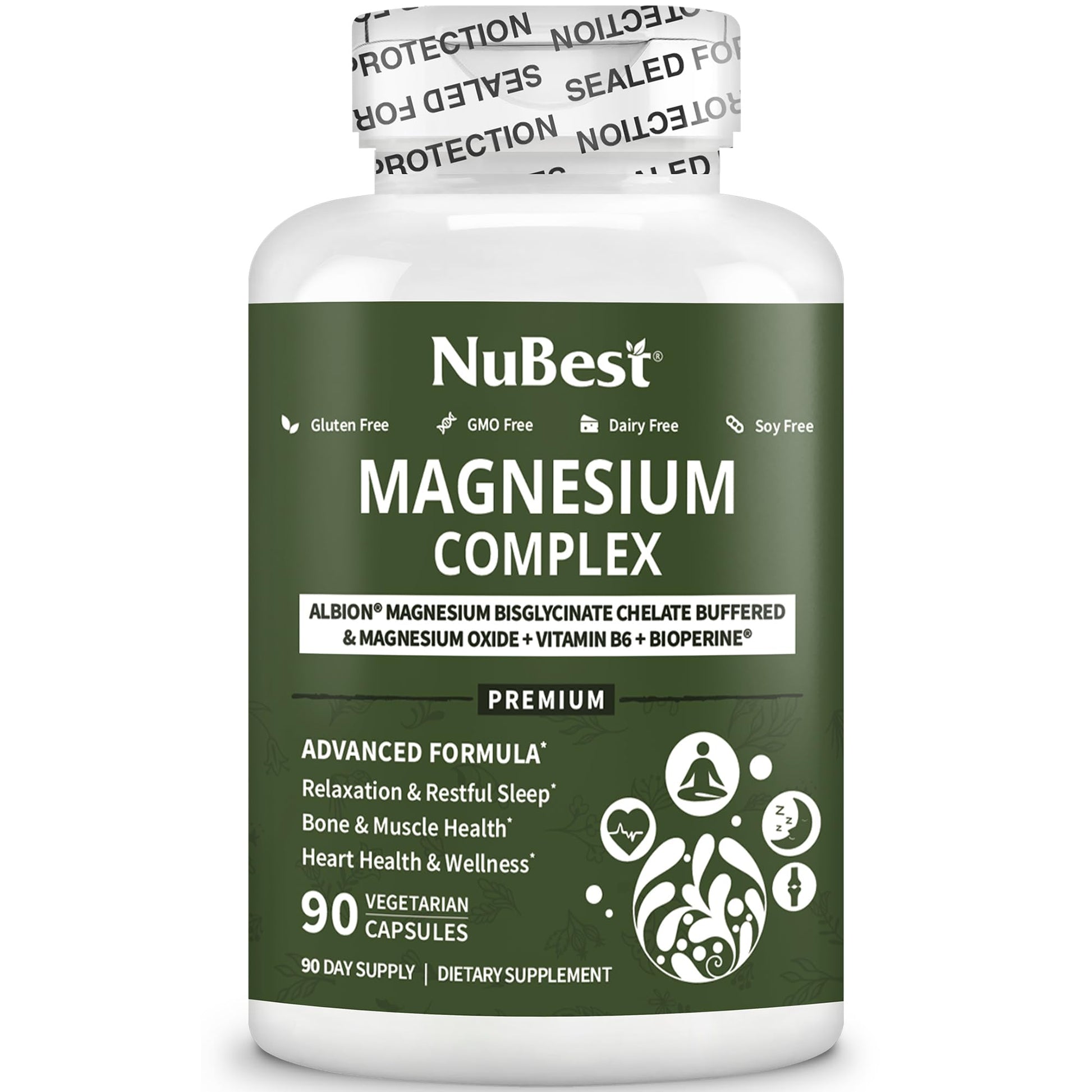 Magnesium Glycinate Chelate Complex with Albion Magnesium Bisglycinate Chelate, Vitamin B6 & BioPerine for Bone, Muscle, Natural Sleep, Nerve Function, Brain Booster | 3 Months Supply - dailyvitalstore
