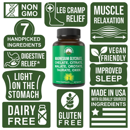 Magnesium Glycinate + Citrate + Malate + Chelate + Orotate + Taurate + Oxide. 7 Forms of Magnesium Complex. 500mg Supplement Capsules for Women & Men. 2 Pills for Sleep, Leg Cramps, Muscles - dailyvitalstore