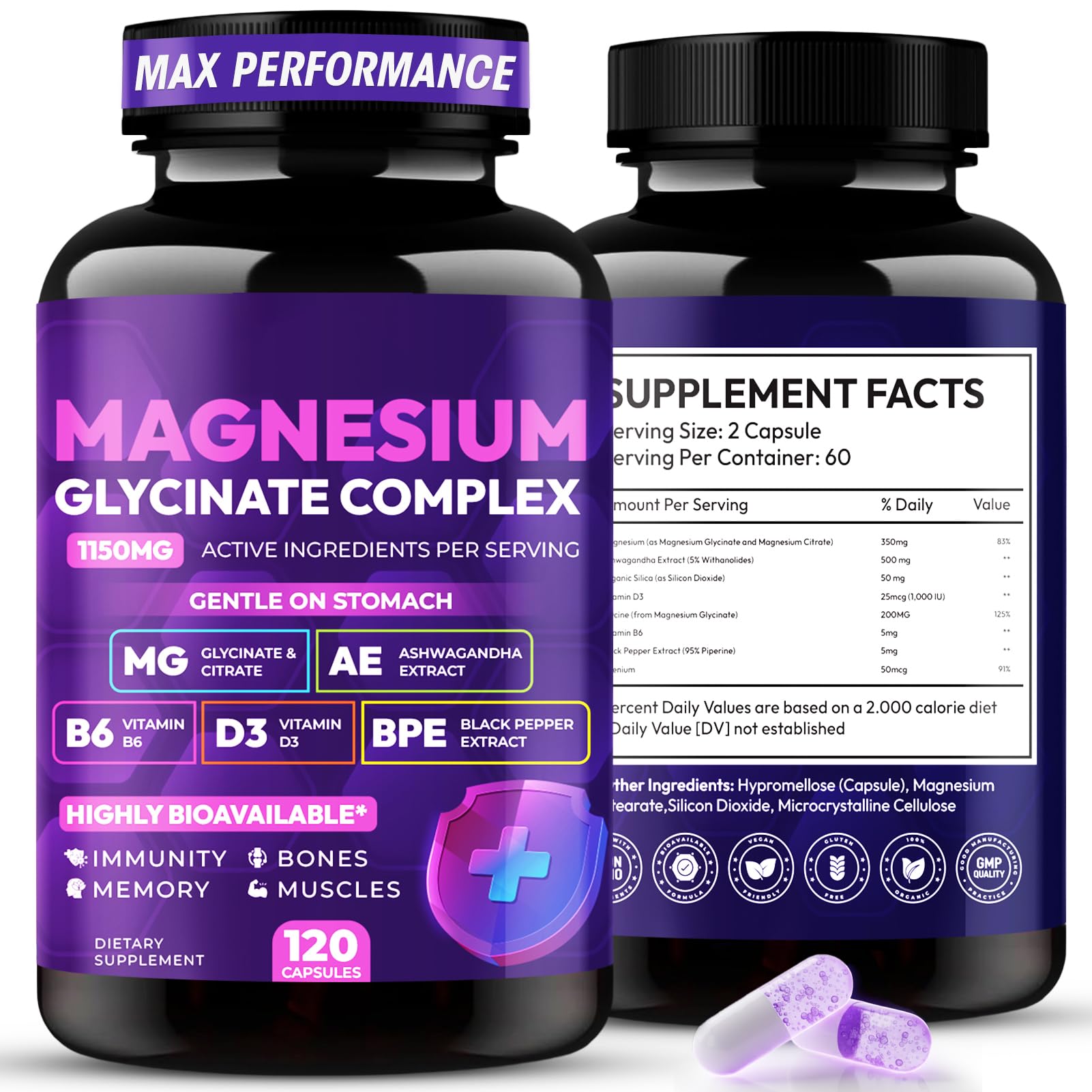 Magnesium Glycinate Complex 1150mg - Gentle on Stomach High Absorption Magnesium Capsules with Citrate, Silica, Ashwagandha & Vitamin B6 for Zzz, Stress Relief, Muscle Support for Adults, Women & Men - dailyvitalstore