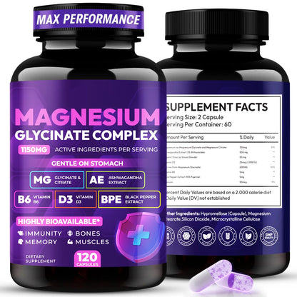 Magnesium Glycinate Complex 1150mg - Gentle on Stomach High Absorption Magnesium Capsules with Citrate, Silica, Ashwagandha & Vitamin B6 for Zzz, Stress Relief, Muscle Support for Adults, Women & Men - dailyvitalstore