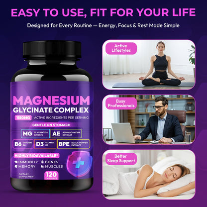 Magnesium Glycinate Complex 1150mg - Gentle on Stomach High Absorption Magnesium Capsules with Citrate, Silica, Ashwagandha & Vitamin B6 for Zzz, Stress Relief, Muscle Support for Adults, Women & Men - dailyvitalstore