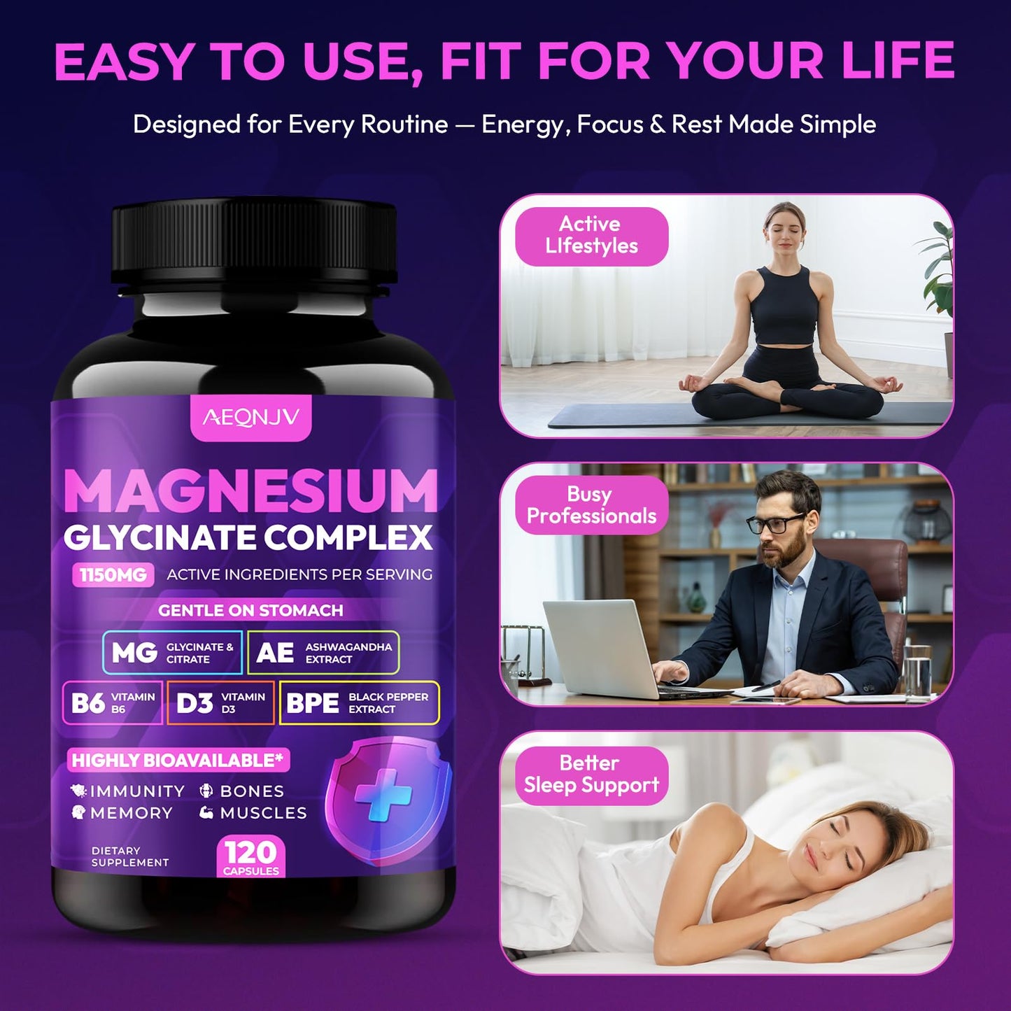 Magnesium Glycinate Complex 1150mg - Gentle on Stomach High Absorption Magnesium Capsules with Citrate, Silica, Ashwagandha & Vitamin B6 for Zzz, Stress Relief, Muscle Support for Adults, Women & Men - dailyvitalstore