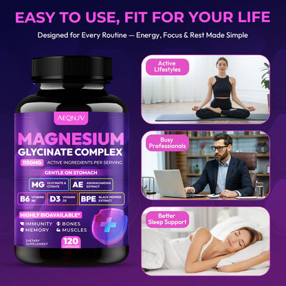 Magnesium Glycinate Complex 1150mg - Gentle on Stomach High Absorption Magnesium Capsules with Citrate, Silica, Ashwagandha & Vitamin B6 for Zzz, Stress Relief, Muscle Support for Adults, Women & Men - dailyvitalstore