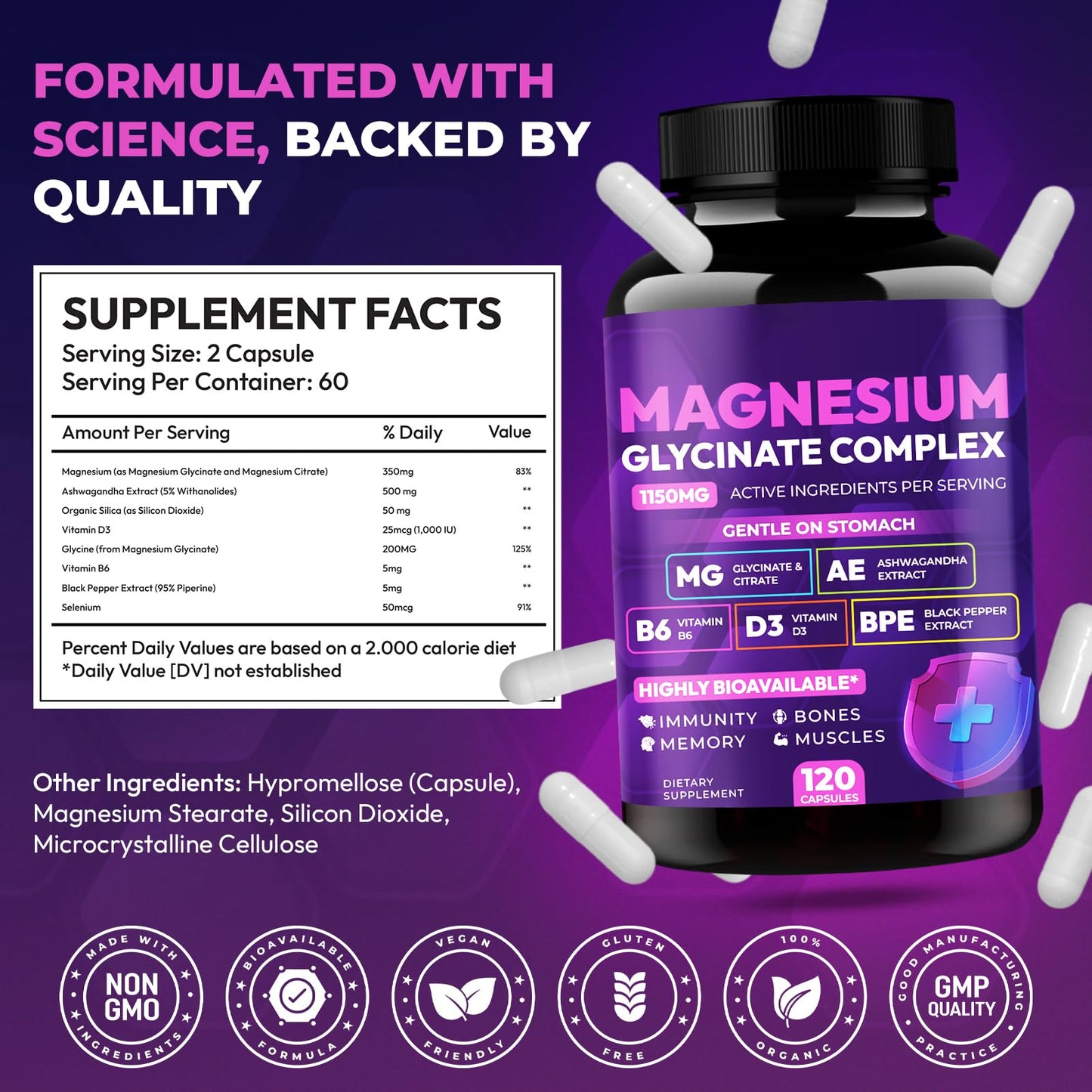 Magnesium Glycinate Complex 1150mg - Gentle on Stomach High Absorption Magnesium Capsules with Citrate, Silica, Ashwagandha & Vitamin B6 for Zzz, Stress Relief, Muscle Support for Adults, Women & Men - dailyvitalstore