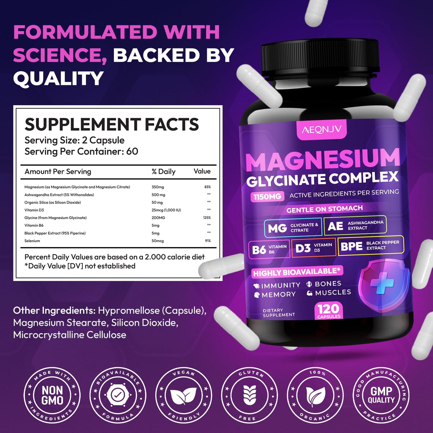 Magnesium Glycinate Complex 1150mg - Gentle on Stomach High Absorption Magnesium Capsules with Citrate, Silica, Ashwagandha & Vitamin B6 for Zzz, Stress Relief, Muscle Support for Adults, Women & Men - dailyvitalstore