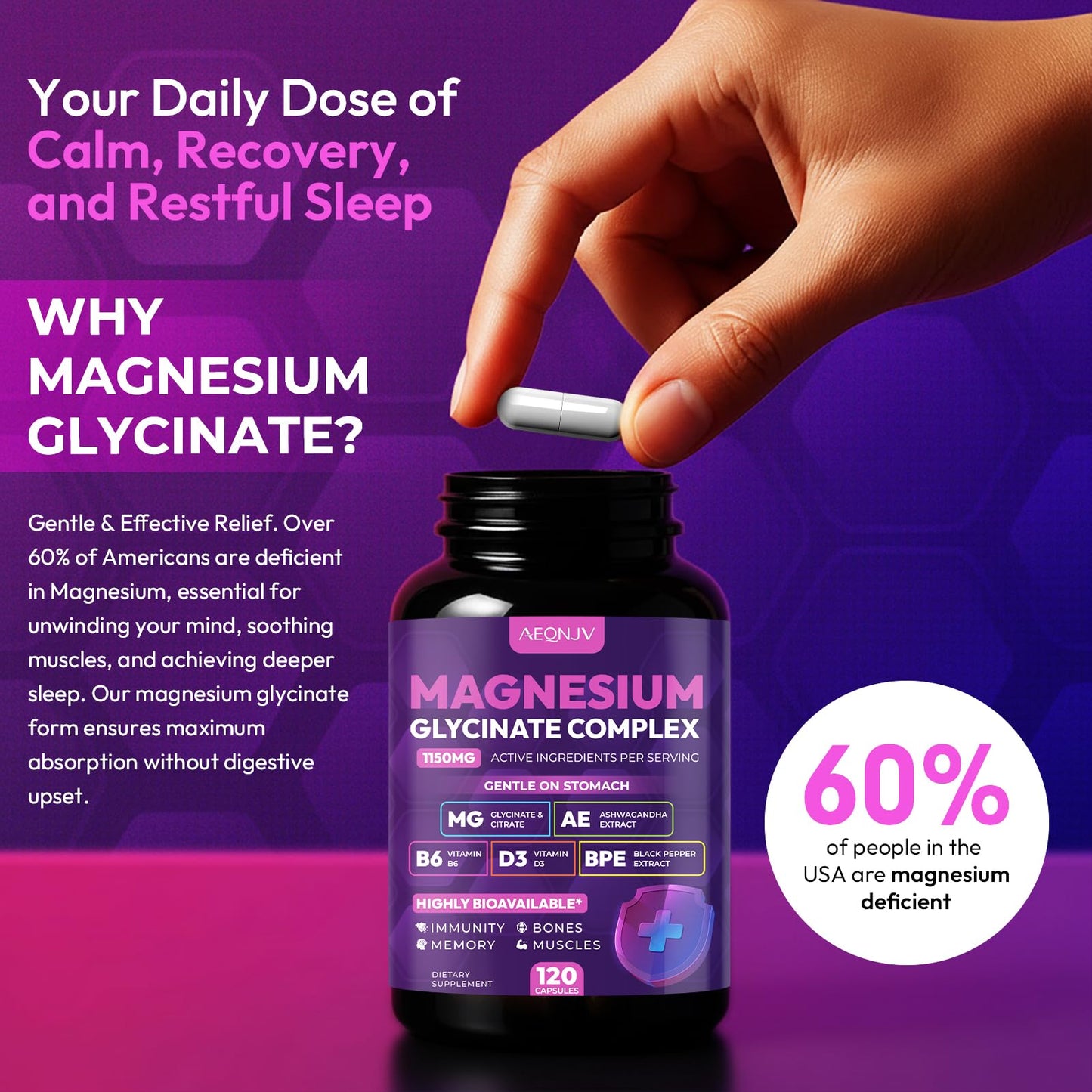 Magnesium Glycinate Complex 1150mg - Gentle on Stomach High Absorption Magnesium Capsules with Citrate, Silica, Ashwagandha & Vitamin B6 for Zzz, Stress Relief, Muscle Support for Adults, Women & Men - dailyvitalstore