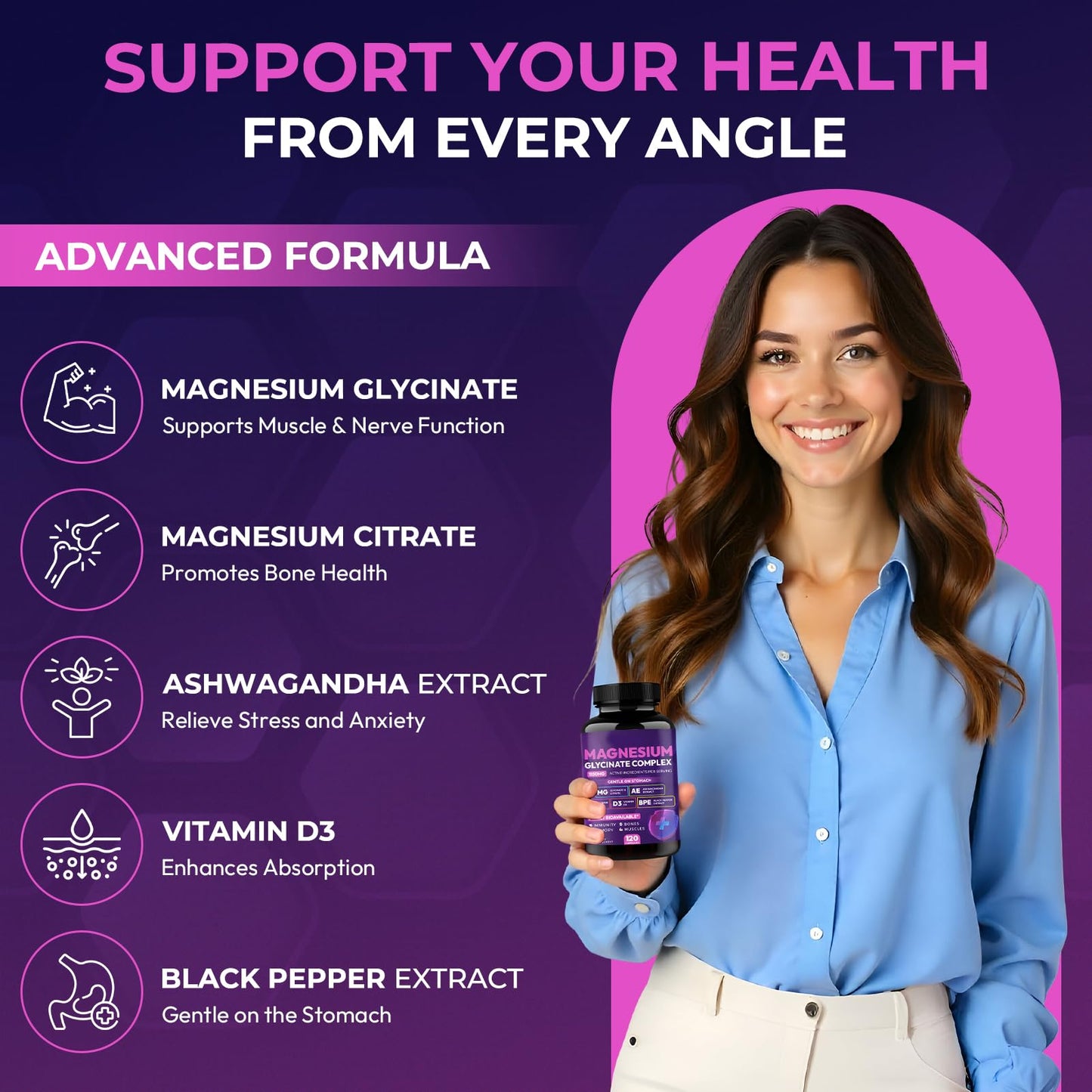 Magnesium Glycinate Complex 1150mg - Gentle on Stomach High Absorption Magnesium Capsules with Citrate, Silica, Ashwagandha & Vitamin B6 for Zzz, Stress Relief, Muscle Support for Adults, Women & Men - dailyvitalstore