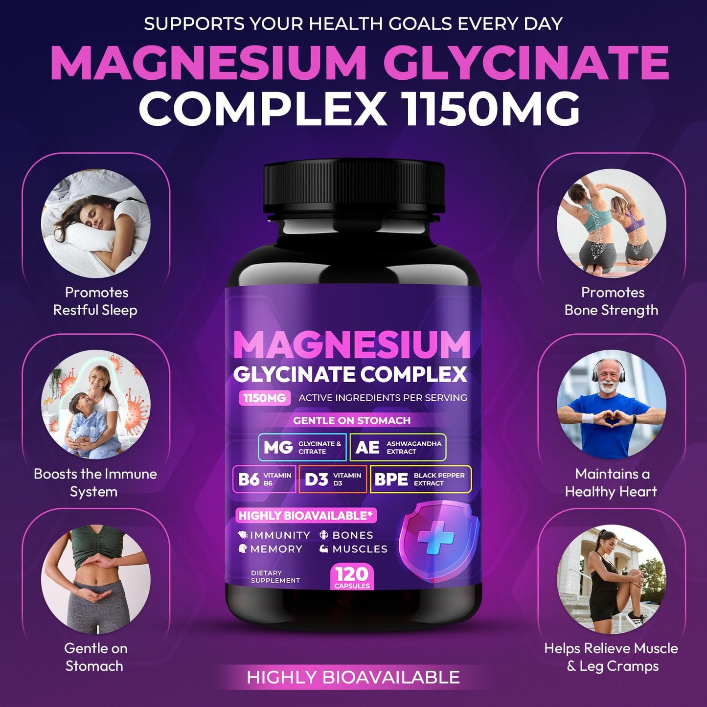 Magnesium Glycinate Complex 1150mg - Gentle on Stomach High Absorption Magnesium Capsules with Citrate, Silica, Ashwagandha & Vitamin B6 for Zzz, Stress Relief, Muscle Support for Adults, Women & Men - dailyvitalstore