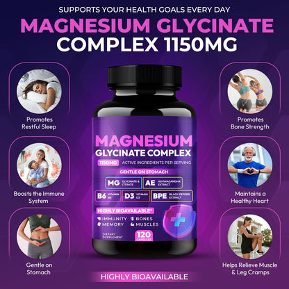 Magnesium Glycinate Complex 1150mg - Gentle on Stomach High Absorption Magnesium Capsules with Citrate, Silica, Ashwagandha & Vitamin B6 for Zzz, Stress Relief, Muscle Support for Adults, Women & Men - dailyvitalstore