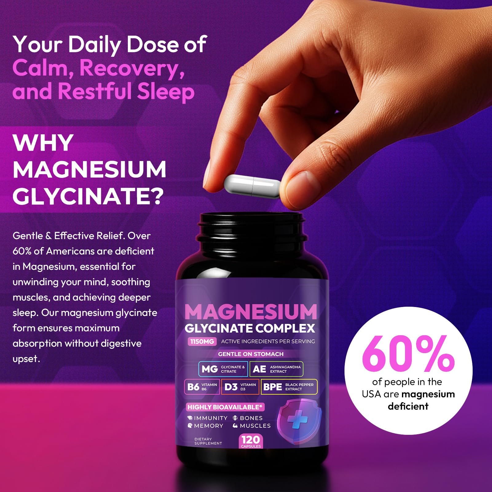 Magnesium Glycinate Complex 1150mg - Gentle on Stomach High Absorption Magnesium Capsules with Citrate, Silica, Ashwagandha & Vitamin B6 for Zzz, Stress Relief, Muscle Support for Adults, Women & Men - dailyvitalstore