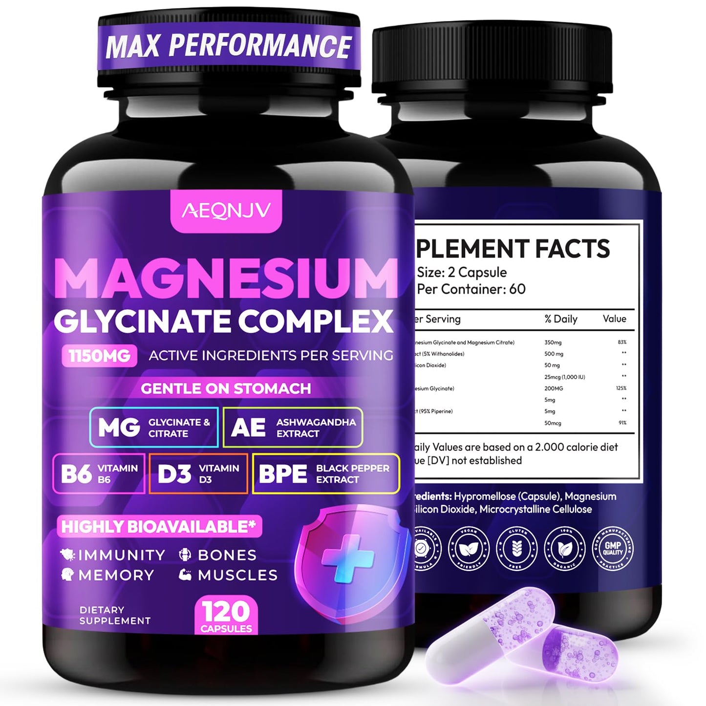 Magnesium Glycinate Complex 1150mg - Gentle on Stomach High Absorption Magnesium Capsules with Citrate, Silica, Ashwagandha & Vitamin B6 for Zzz, Stress Relief, Muscle Support for Adults, Women & Men - dailyvitalstore