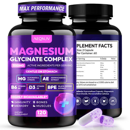 Magnesium Glycinate Complex 1150mg - Gentle on Stomach High Absorption Magnesium Capsules with Citrate, Silica, Ashwagandha & Vitamin B6 for Zzz, Stress Relief, Muscle Support for Adults, Women & Men - dailyvitalstore