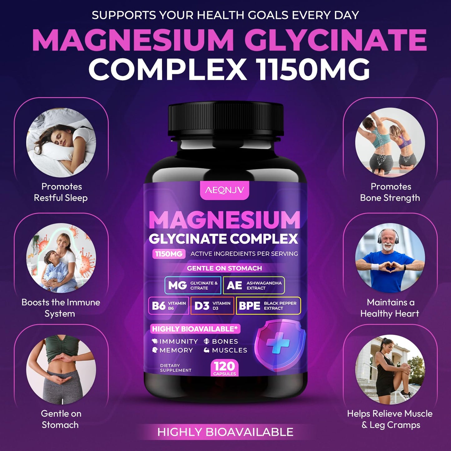 Magnesium Glycinate Complex 1150mg - Gentle on Stomach High Absorption Magnesium Capsules with Citrate, Silica, Ashwagandha & Vitamin B6 for Zzz, Stress Relief, Muscle Support for Adults, Women & Men - dailyvitalstore