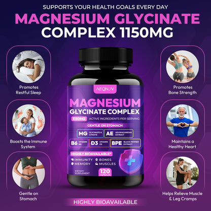 Magnesium Glycinate Complex 1150mg - Gentle on Stomach High Absorption Magnesium Capsules with Citrate, Silica, Ashwagandha & Vitamin B6 for Zzz, Stress Relief, Muscle Support for Adults, Women & Men - dailyvitalstore