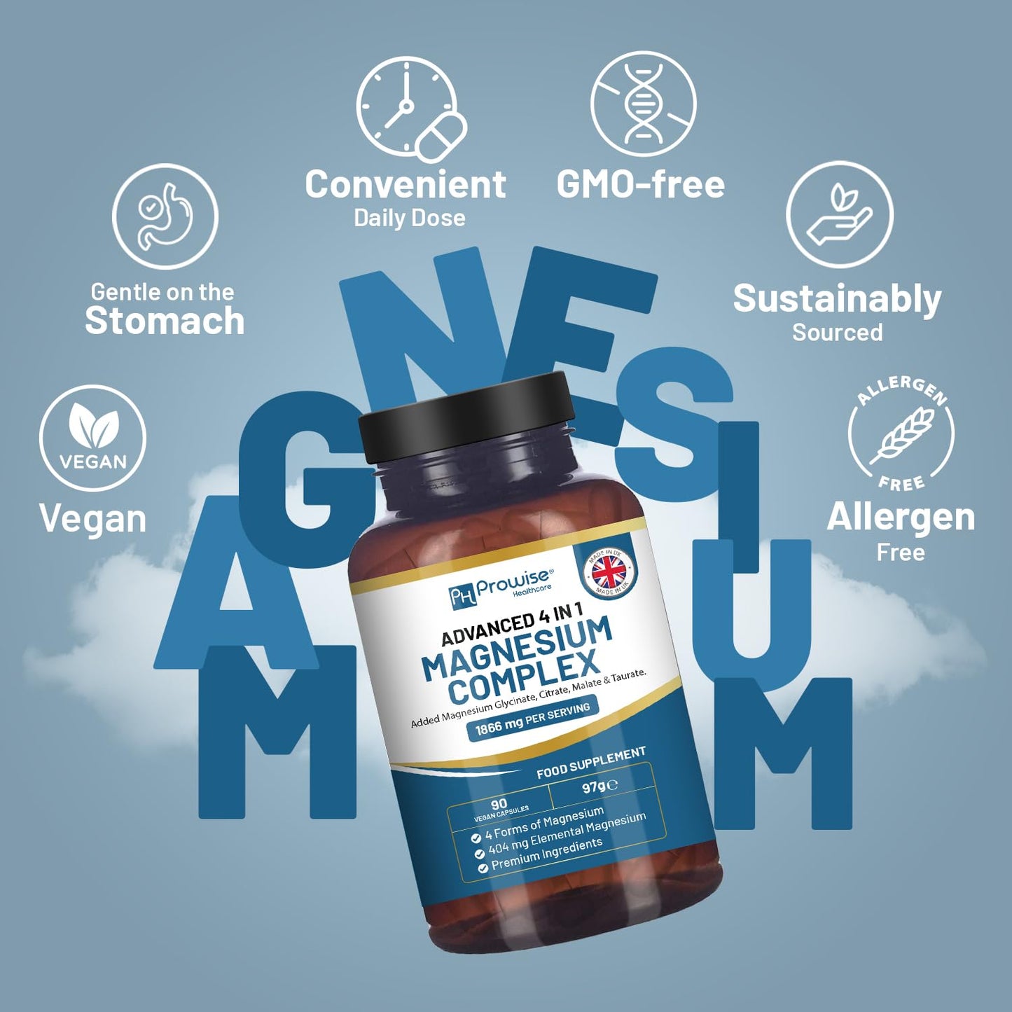 Magnesium Glycinate Complex 4 in 1-1866mg per Serving | Precise 404mg Elemental Magnesium dose | Added Magnesium Glycinate, Citrate, Malate & Taurate | 90 Vegan Capsules - by Prowise - dailyvitalstore