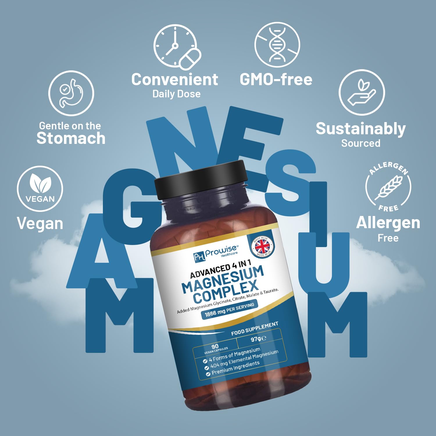 Magnesium Glycinate Complex 4 in 1-1866mg per Serving | Precise 404mg Elemental Magnesium dose | Added Magnesium Glycinate, Citrate, Malate & Taurate | 90 Vegan Capsules - by Prowise - dailyvitalstore