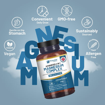Magnesium Glycinate Complex 4 in 1-1866mg per Serving | Precise 404mg Elemental Magnesium dose | Added Magnesium Glycinate, Citrate, Malate & Taurate | 90 Vegan Capsules - by Prowise - dailyvitalstore