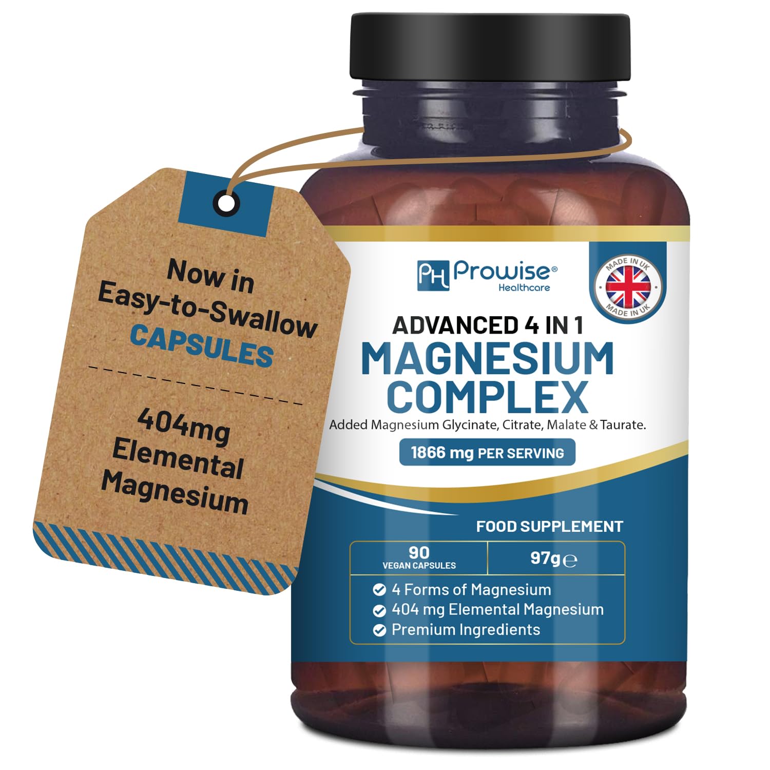 Magnesium Glycinate Complex 4 in 1-1866mg per Serving | Precise 404mg Elemental Magnesium dose | Added Magnesium Glycinate, Citrate, Malate & Taurate | 90 Vegan Capsules - by Prowise - dailyvitalstore