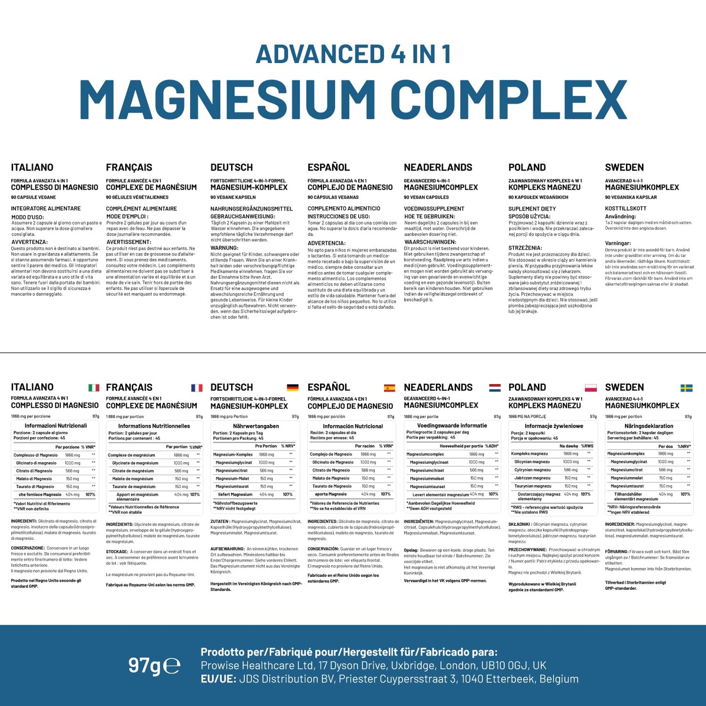 Magnesium Glycinate Complex 4 in 1-1866mg per Serving | Precise 404mg Elemental Magnesium dose | Added Magnesium Glycinate, Citrate, Malate & Taurate | 90 Vegan Capsules - by Prowise - dailyvitalstore