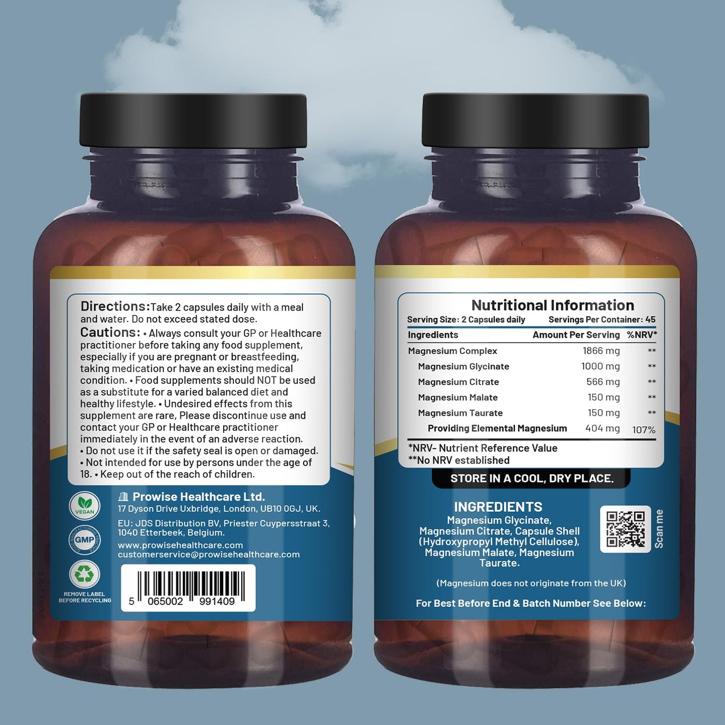 Magnesium Glycinate Complex 4 in 1-1866mg per Serving | Precise 404mg Elemental Magnesium dose | Added Magnesium Glycinate, Citrate, Malate & Taurate | 90 Vegan Capsules - by Prowise - dailyvitalstore