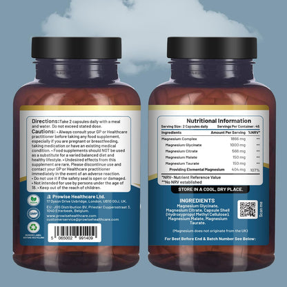 Magnesium Glycinate Complex 4 in 1-1866mg per Serving | Precise 404mg Elemental Magnesium dose | Added Magnesium Glycinate, Citrate, Malate & Taurate | 90 Vegan Capsules - by Prowise - dailyvitalstore