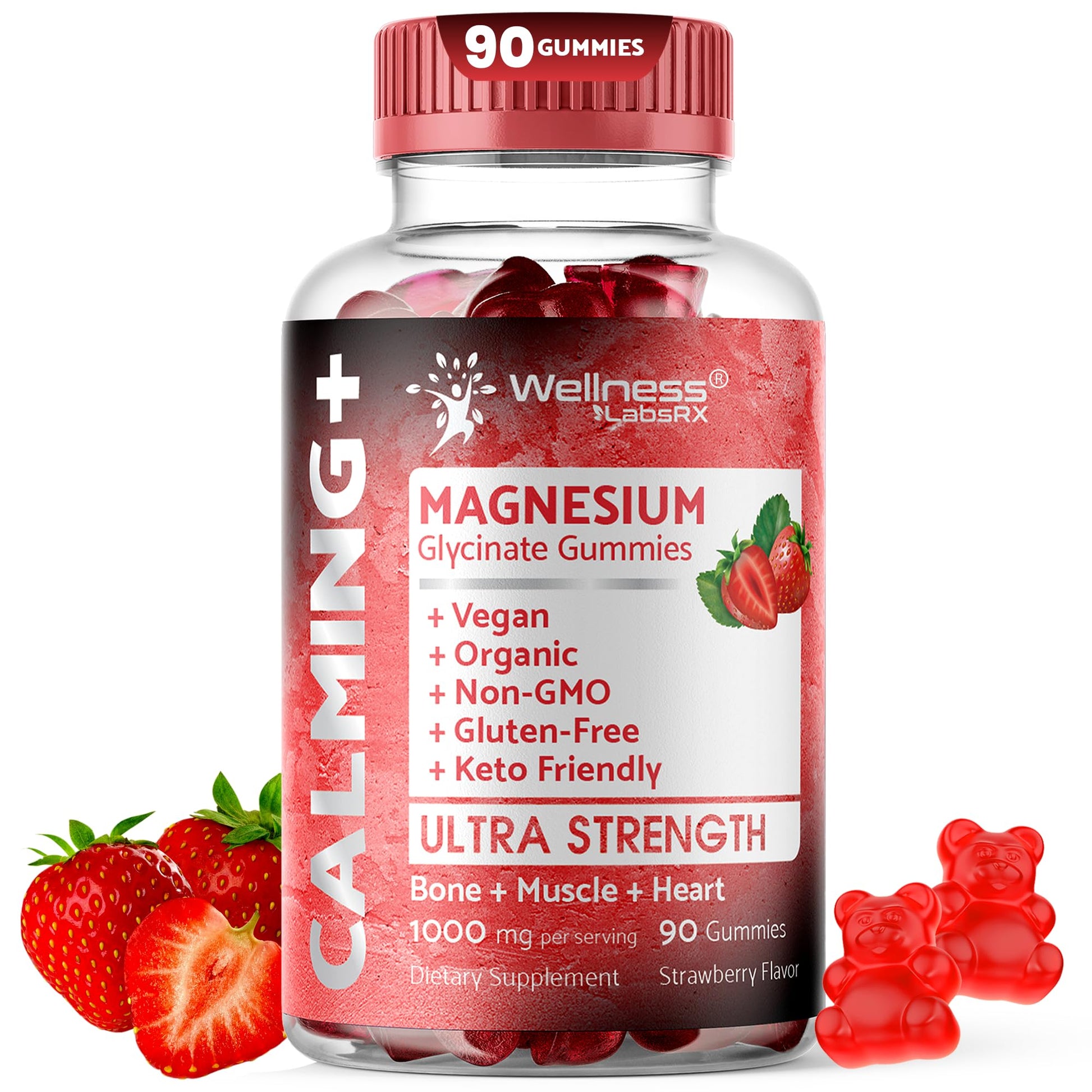 Magnesium Glycinate Gummies, 1000 mg - Magnesium Supplement to Support Relaxation, Heart Health - Chewable Calm Magnesio Gummies for Adults, Glicinato De Magnesio - Strawberry Flavor - dailyvitalstore