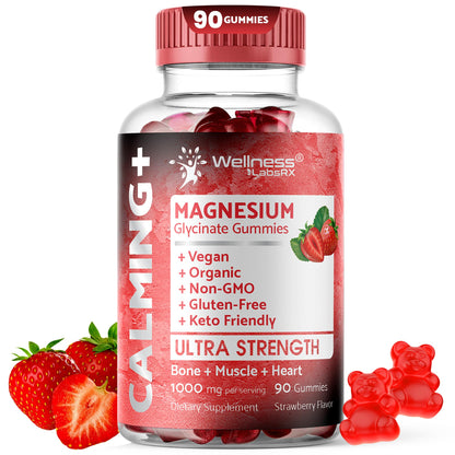 Magnesium Glycinate Gummies, 1000 mg - Magnesium Supplement to Support Relaxation, Heart Health - Chewable Calm Magnesio Gummies for Adults, Glicinato De Magnesio - Strawberry Flavor - dailyvitalstore