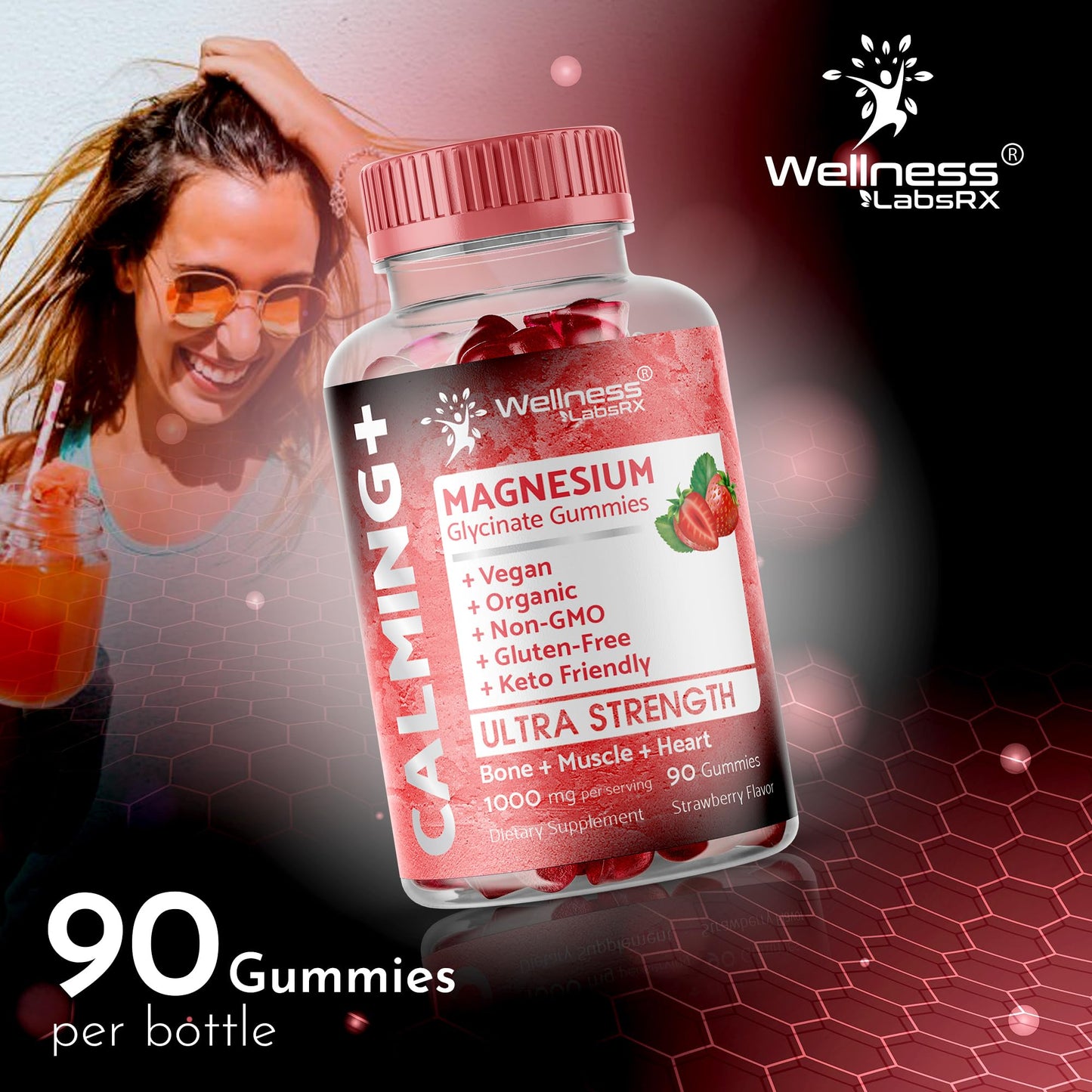 Magnesium Glycinate Gummies, 1000 mg - Magnesium Supplement to Support Relaxation, Heart Health - Chewable Calm Magnesio Gummies for Adults, Glicinato De Magnesio - Strawberry Flavor - dailyvitalstore