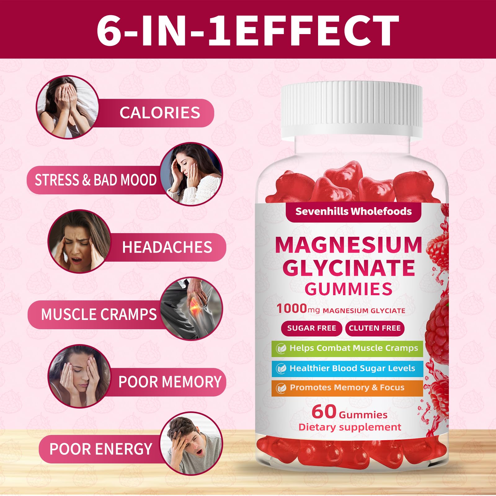 Magnesium Glycinate Gummies 1000mg - Sugar Free Magnesium Potassium Supplement for Relaxation, Calm, Stress Relief, and Sleep Support for Adults & Kids - 60 Raspberry Gummies - dailyvitalstore