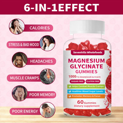 Magnesium Glycinate Gummies 1000mg - Sugar Free Magnesium Potassium Supplement for Relaxation, Calm, Stress Relief, and Sleep Support for Adults & Kids - 60 Raspberry Gummies - dailyvitalstore