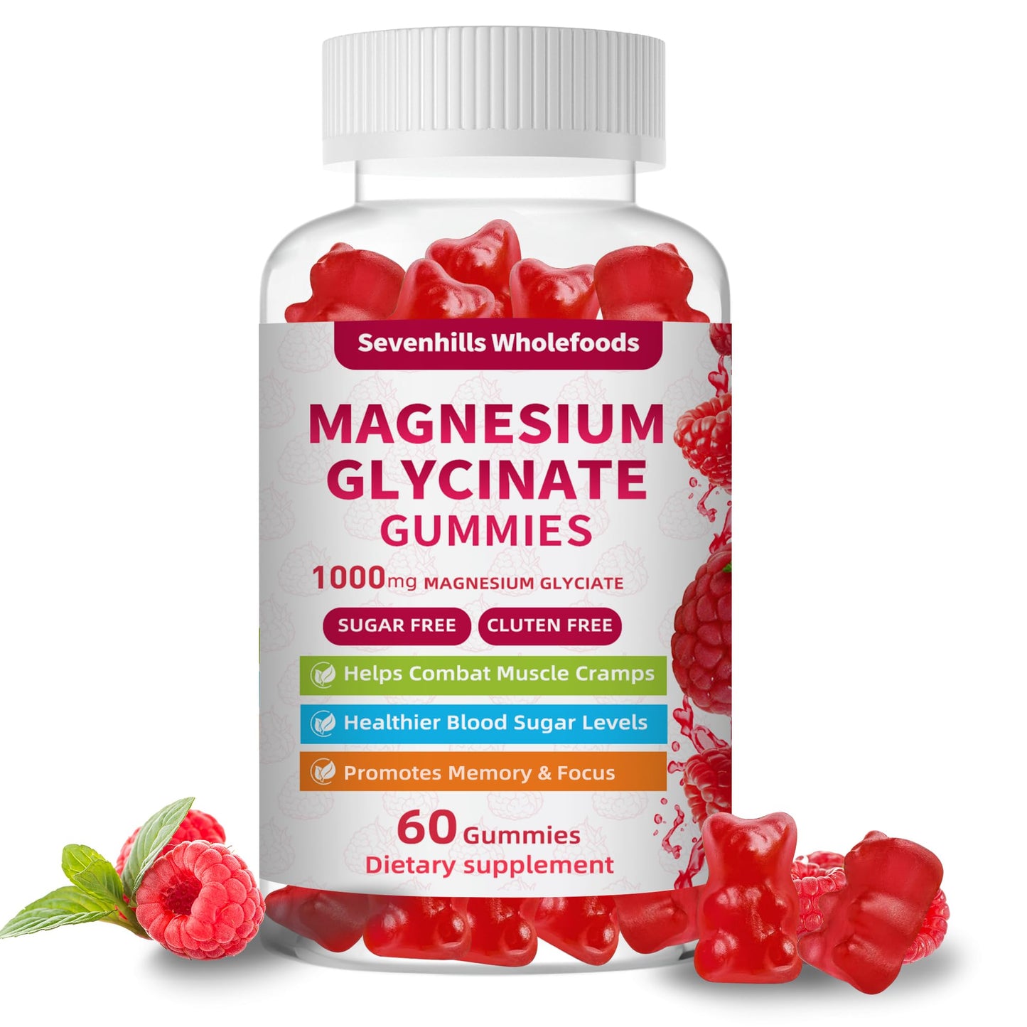 Magnesium Glycinate Gummies 1000mg - Sugar Free Magnesium Potassium Supplement for Relaxation, Calm, Stress Relief, and Sleep Support for Adults & Kids - 60 Raspberry Gummies - dailyvitalstore