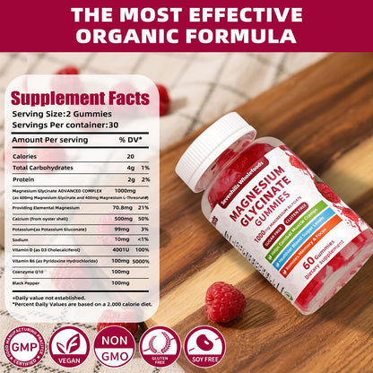 Magnesium Glycinate Gummies 1000mg - Sugar Free Magnesium Potassium Supplement for Relaxation, Calm, Stress Relief, and Sleep Support for Adults & Kids - 60 Raspberry Gummies - dailyvitalstore