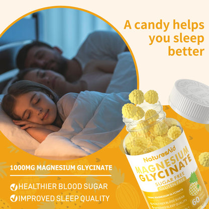 Magnesium Glycinate Gummies 1000mg - Sugar Free Magnesium Potassium Supplement with Vitamin D, B6, CoQ10 for Calm Mood & Sleep Support - 60 Pineapple Gummies -1 Pack - dailyvitalstore