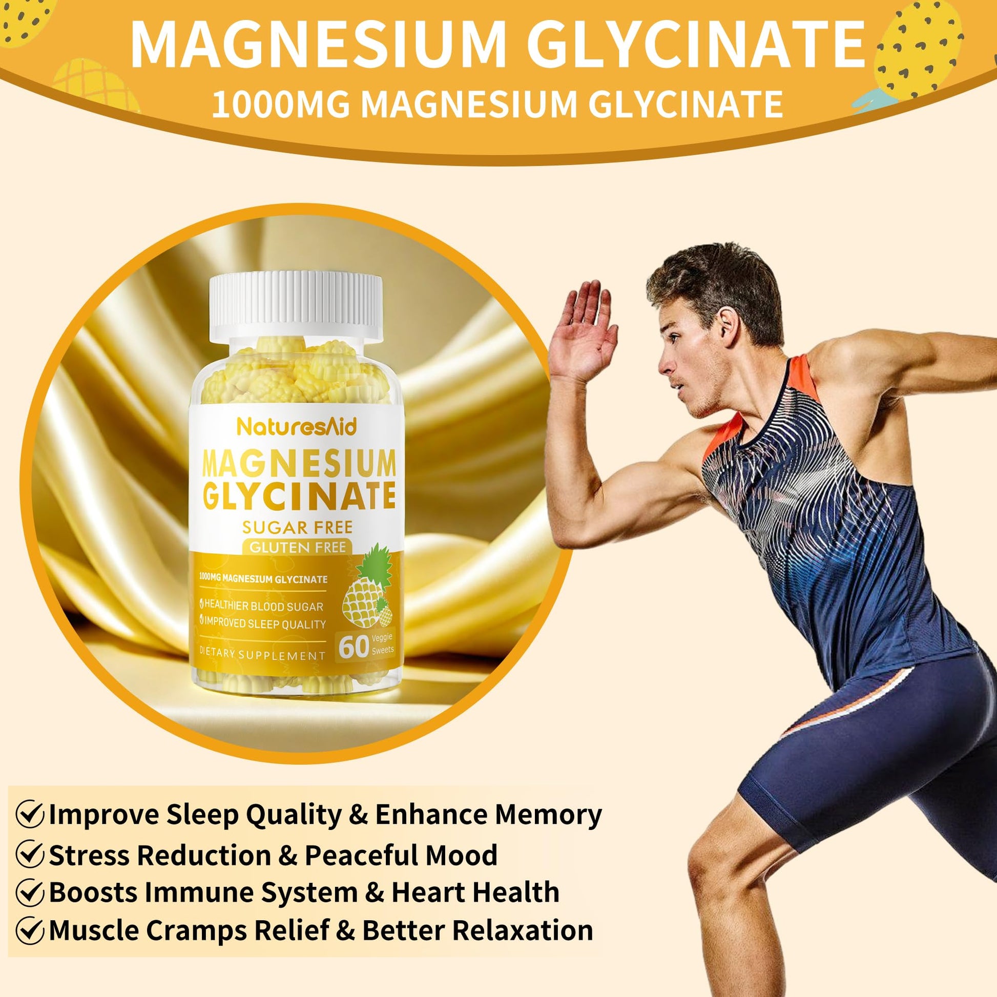 Magnesium Glycinate Gummies 1000mg - Sugar Free Magnesium Potassium Supplement with Vitamin D, B6, CoQ10 for Calm Mood & Sleep Support - 60 Pineapple Gummies -1 Pack - dailyvitalstore