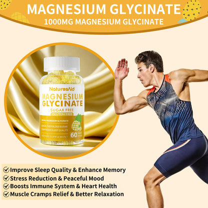 Magnesium Glycinate Gummies 1000mg - Sugar Free Magnesium Potassium Supplement with Vitamin D, B6, CoQ10 for Calm Mood & Sleep Support - 60 Pineapple Gummies -1 Pack - dailyvitalstore