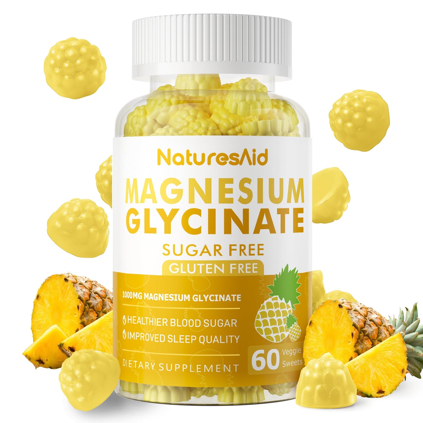 Magnesium Glycinate Gummies 1000mg - Sugar Free Magnesium Potassium Supplement with Vitamin D, B6, CoQ10 for Calm Mood & Sleep Support - 60 Pineapple Gummies -1 Pack - dailyvitalstore
