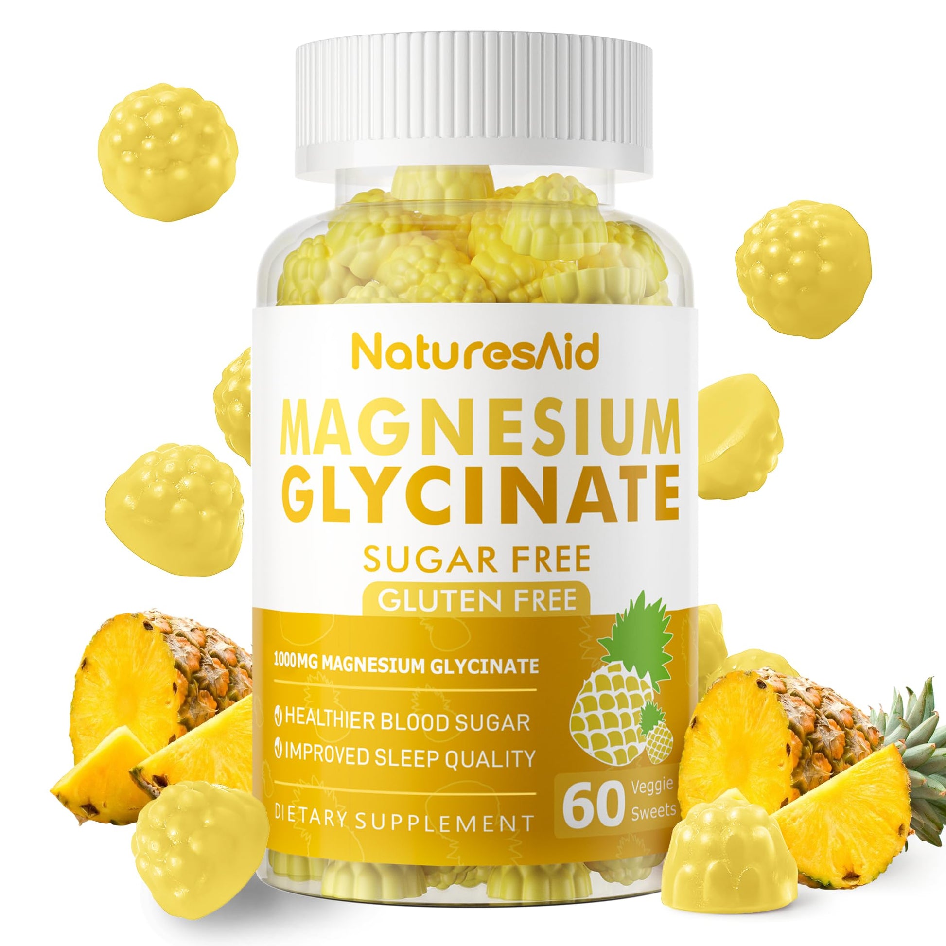 Magnesium Glycinate Gummies 1000mg - Sugar Free Magnesium Potassium Supplement with Vitamin D, B6, CoQ10 for Calm Mood & Sleep Support - 60 Pineapple Gummies -1 Pack - dailyvitalstore