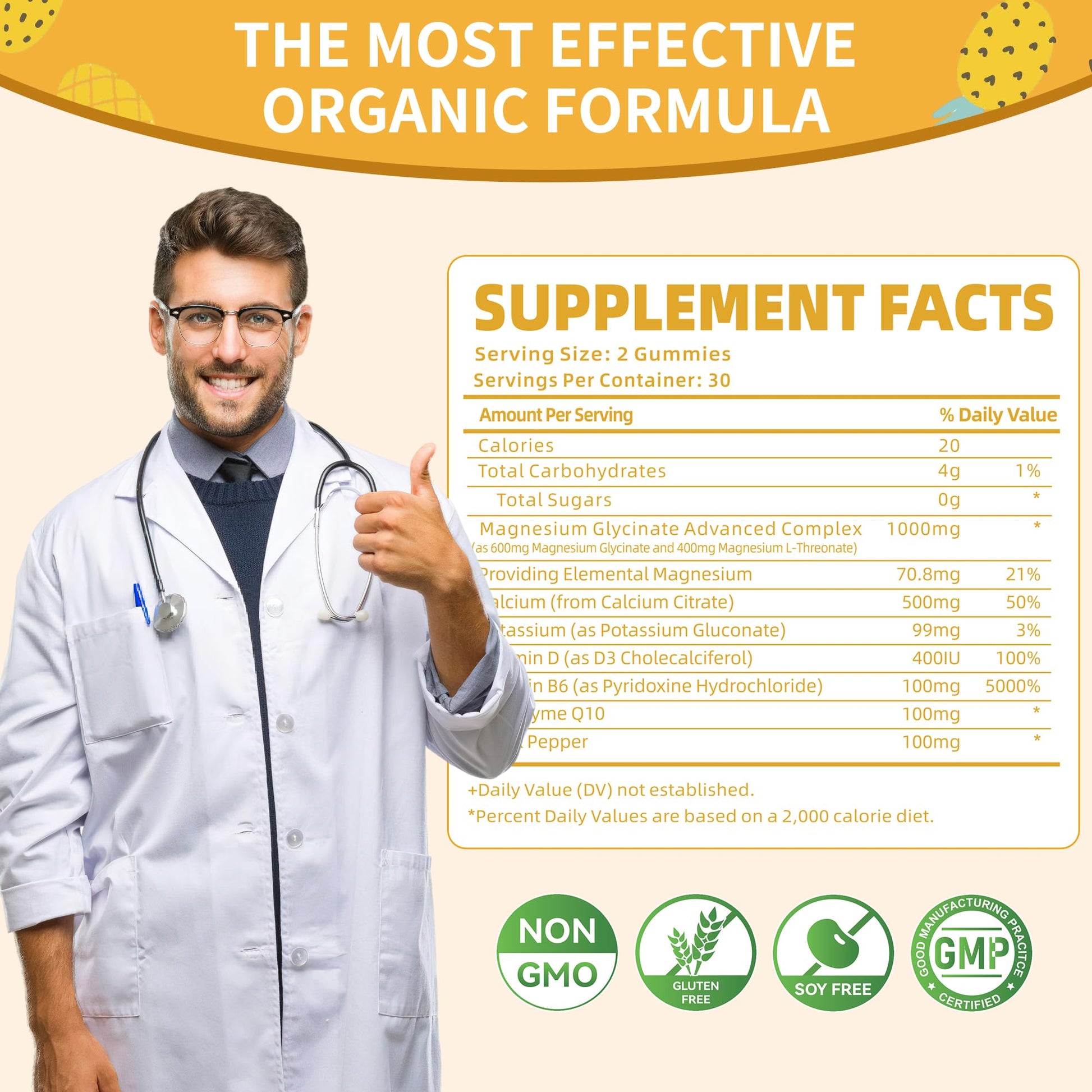 Magnesium Glycinate Gummies 1000mg - Sugar Free Magnesium Potassium Supplement with Vitamin D, B6, CoQ10 for Calm Mood & Sleep Support - 60 Pineapple Gummies -1 Pack - dailyvitalstore