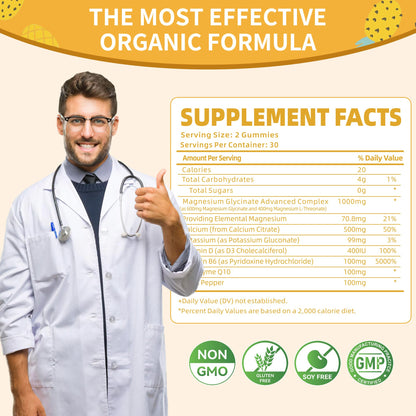 Magnesium Glycinate Gummies 1000mg - Sugar Free Magnesium Potassium Supplement with Vitamin D, B6, CoQ10 for Calm Mood & Sleep Support - 60 Pineapple Gummies -1 Pack - dailyvitalstore