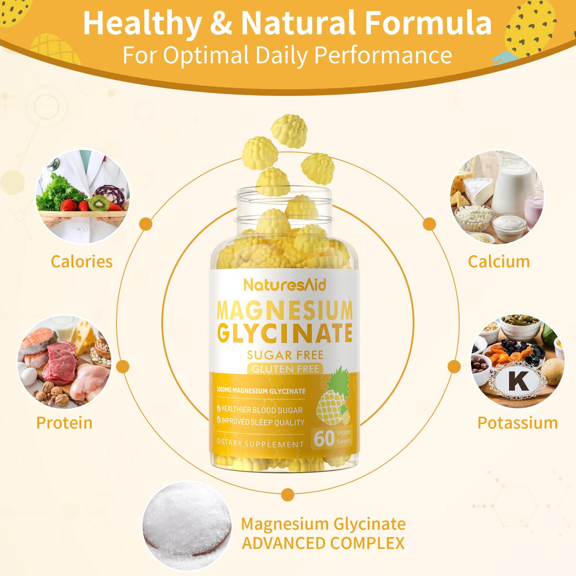 Magnesium Glycinate Gummies 1000mg - Sugar Free Magnesium Potassium Supplement with Vitamin D, B6, CoQ10 for Calm Mood & Sleep Support - 60 Pineapple Gummies -1 Pack - dailyvitalstore