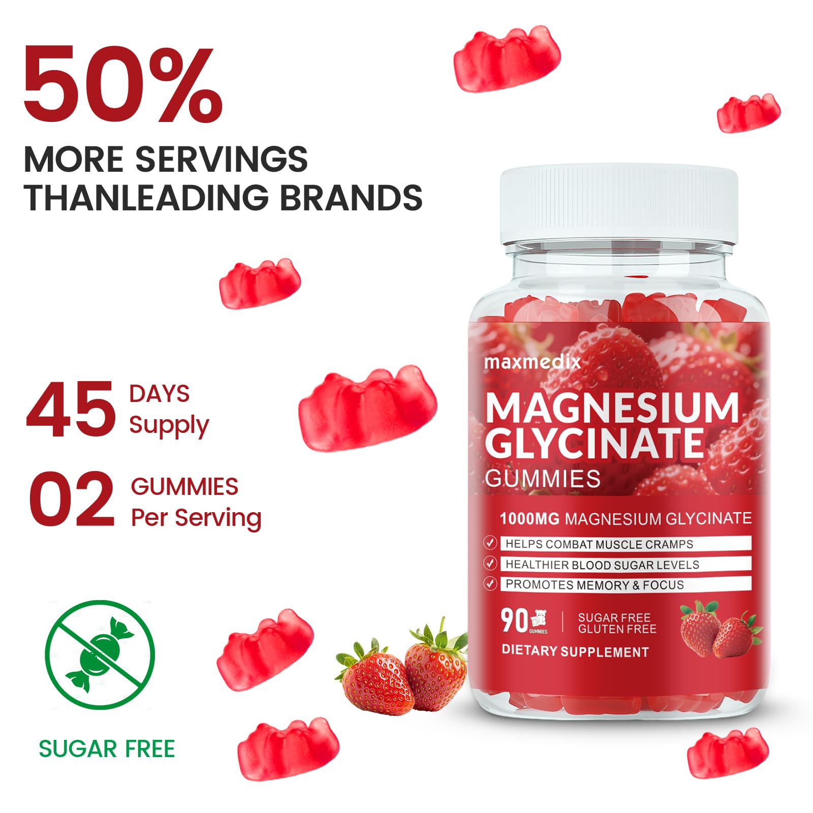 Magnesium Glycinate Gummies 1000mg, Sugar Free Magnesium Potassium Supplements Chewable for Adults with L-Threonate for Sleep, Body Support and Relaxation,90 Strawberry Gummies - dailyvitalstore