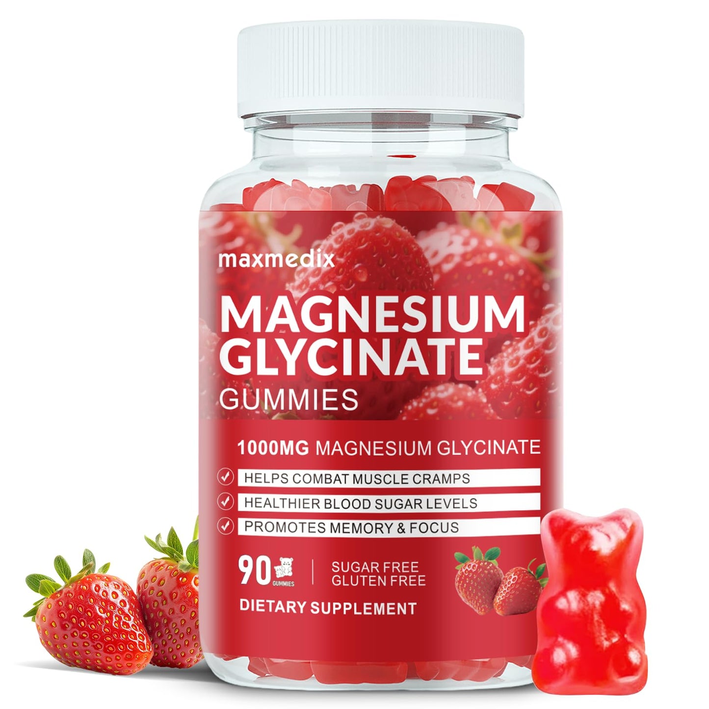 Magnesium Glycinate Gummies 1000mg, Sugar Free Magnesium Potassium Supplements Chewable for Adults with L-Threonate for Sleep, Body Support and Relaxation,90 Strawberry Gummies - dailyvitalstore