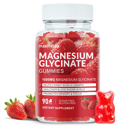 Magnesium Glycinate Gummies 1000mg, Sugar Free Magnesium Potassium Supplements Chewable for Adults with L-Threonate for Sleep, Body Support and Relaxation,90 Strawberry Gummies - dailyvitalstore