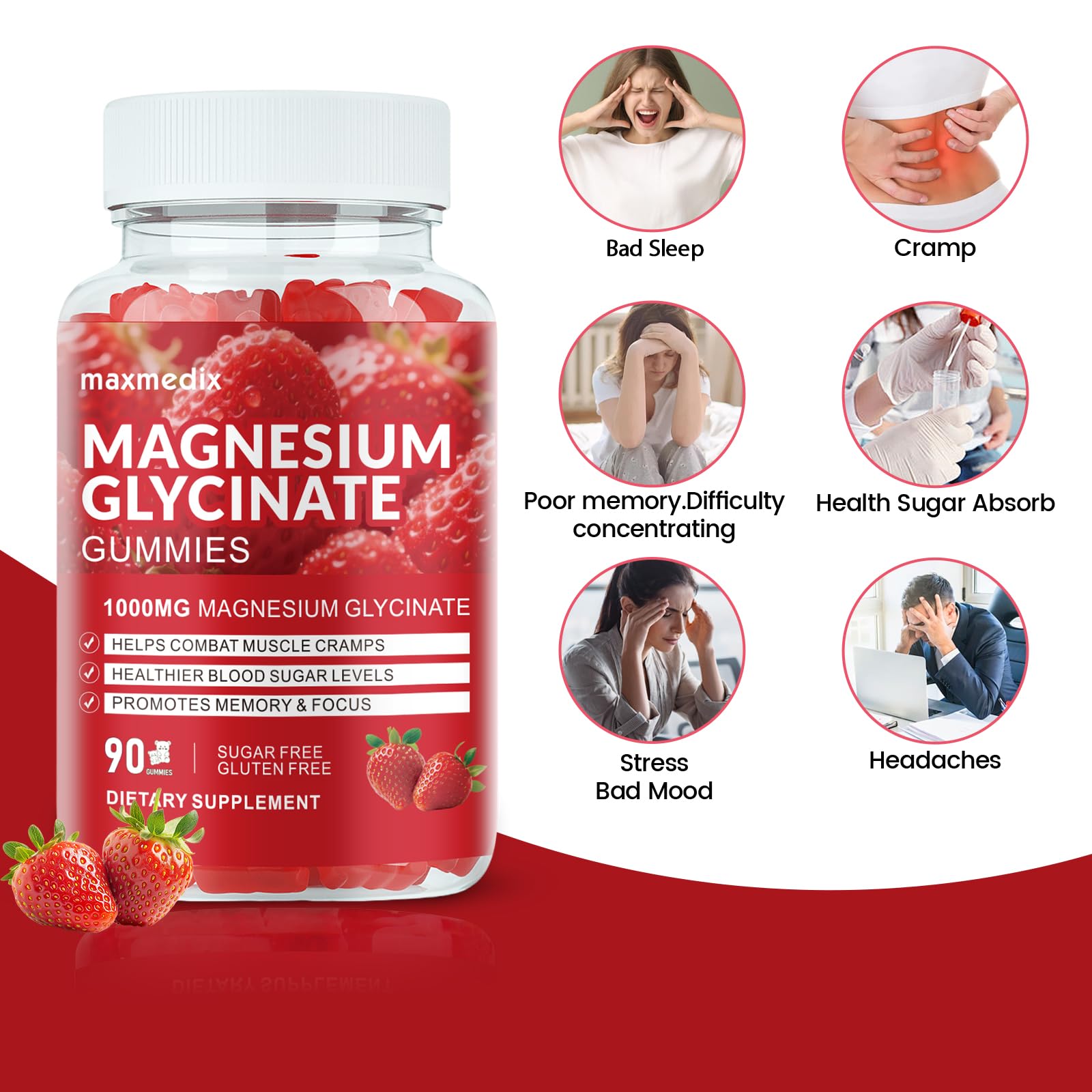 Magnesium Glycinate Gummies 1000mg, Sugar Free Magnesium Potassium Supplements Chewable for Adults with L-Threonate for Sleep, Body Support and Relaxation,90 Strawberry Gummies - dailyvitalstore