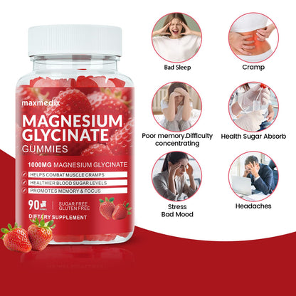 Magnesium Glycinate Gummies 1000mg, Sugar Free Magnesium Potassium Supplements Chewable for Adults with L-Threonate for Sleep, Body Support and Relaxation,90 Strawberry Gummies - dailyvitalstore