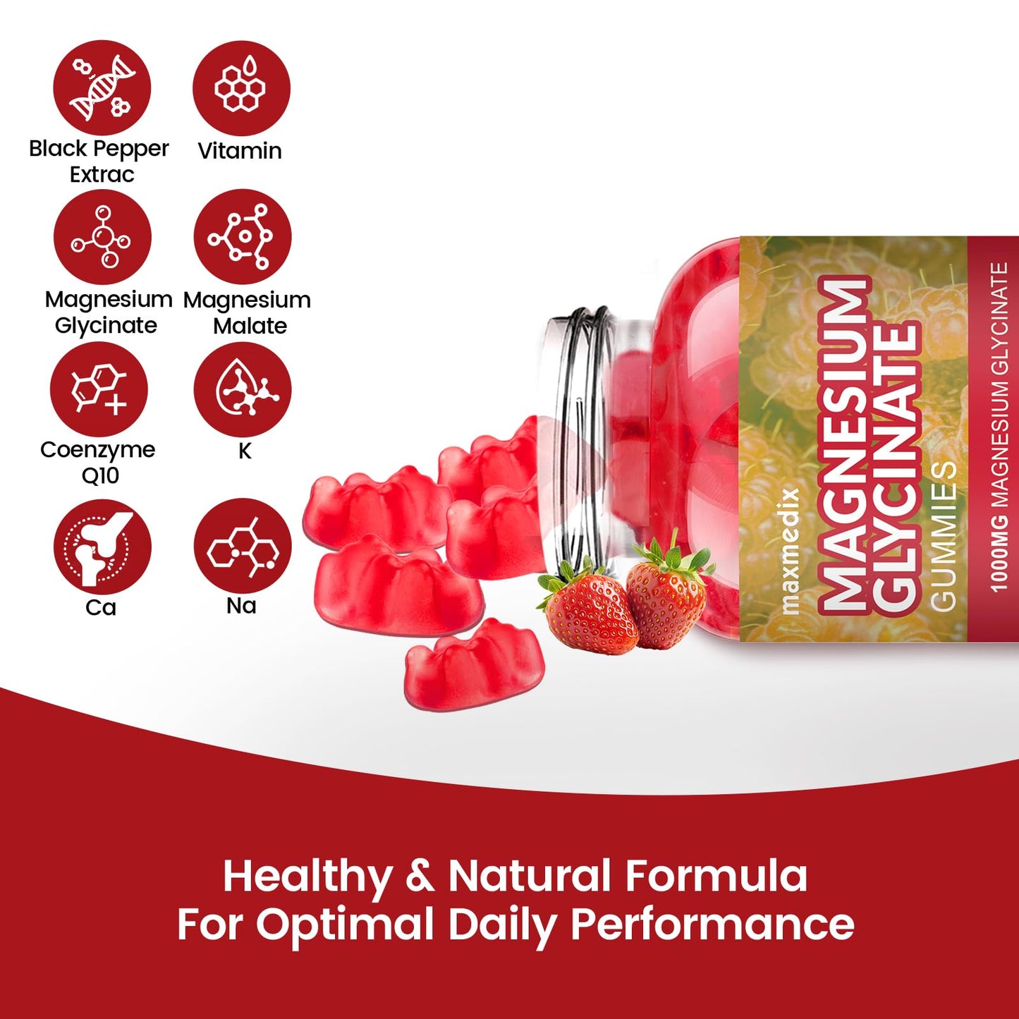 Magnesium Glycinate Gummies 1000mg, Sugar Free Magnesium Potassium Supplements Chewable for Adults with L-Threonate for Sleep, Body Support and Relaxation,90 Strawberry Gummies - dailyvitalstore