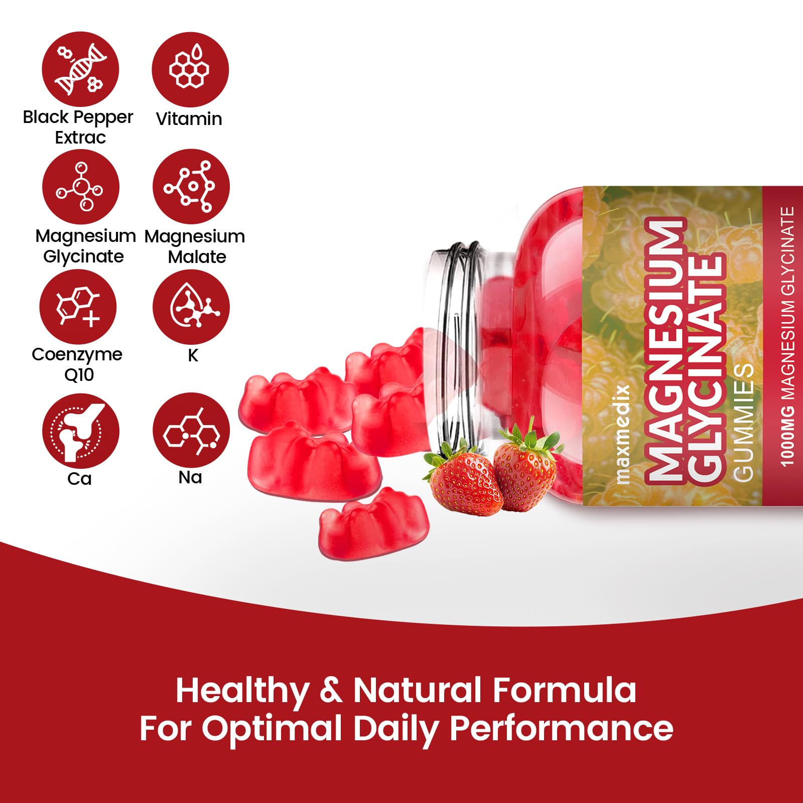 Magnesium Glycinate Gummies 1000mg, Sugar Free Magnesium Potassium Supplements Chewable for Adults with L-Threonate for Sleep, Body Support and Relaxation,90 Strawberry Gummies - dailyvitalstore